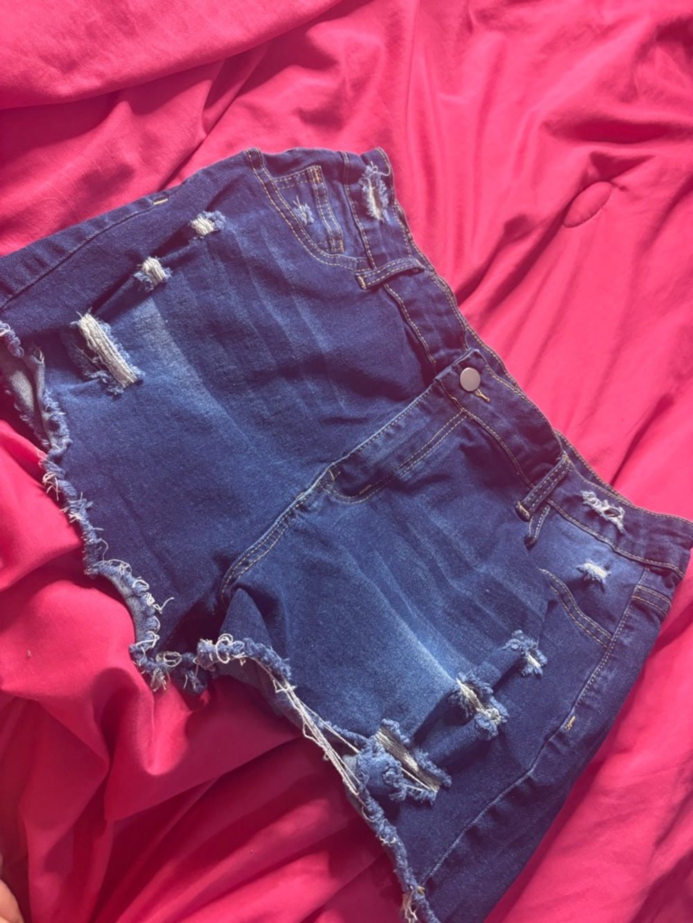 High-Rise Distressed Denim Women's Shorts - Blue